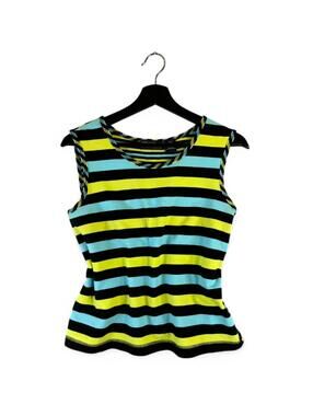 Vintage Cotton Tank Top Blue Green Black Stripe Size Medium by Onque Casuals